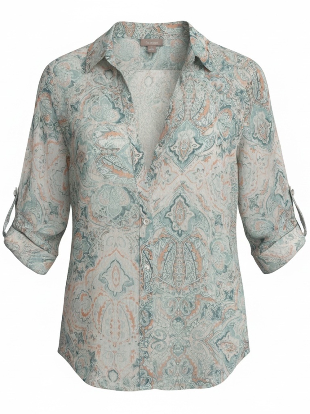 Chico's Mint and Peach Paisley Button-Down Shirt